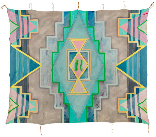 Lot 102 BOB BOYER, R.C.A (1948-2004), MÉTIS Cahokia Today, Fall 1989 acrylic, fabric blanket, leather, and cotton thread, 79 x 96 in (200.7 x 243.8 cm) ESTIMATE: $10,000 — $15,000 PRICE REALIZED: $9,000.00