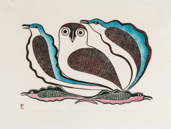 Lot 81 KENOJUAK ASHEVAK, C.C., R.C.A. (1927-2013) KINNGAIT (CAPE DORSET) Owl Surrounded by Spirits, 1983 #14 stonecut and stencil, 19 x 25 in (48.3 x 63.5 cm) PRICE REALIZED: $541.20