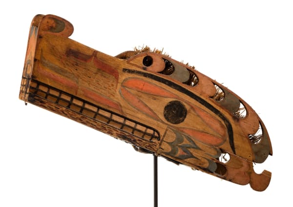 LOT 68 UNIDENTIFIED NUU-CHAH-NULTH ARTIST Lightning Serpent Mask, c. 1890 cedar wood and bark, acrylic paint, 8 x 24 x 7.5 in (20.3 x 61 x 19.1 cm) ESTIMATE: $5,000 — $8,000 PRICE REALIZED: $12,000.00
