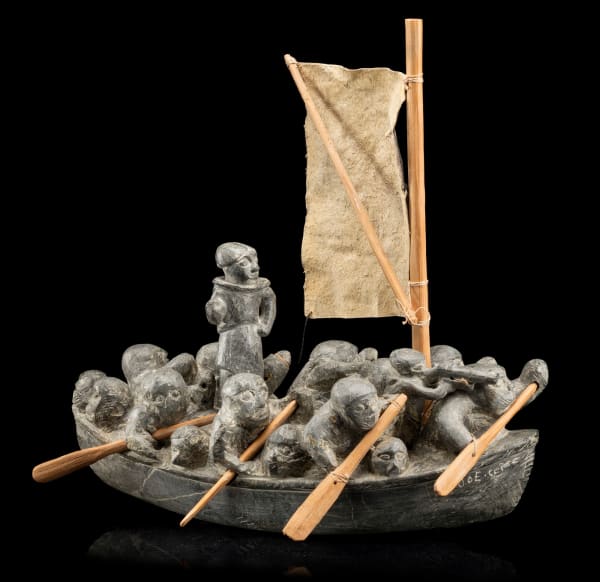 Lot 29 JOE TALIRUNILI (TALIRUNNILIK) (1893 or 1899-1976) PUVIRNITUQ (POVUNGNITUK) Migration Boat, c. 1972-74 stone, hide, wood, and cotton thread, 14 x 14 x 7.75 in (35.6 x 35.6 x 19.7 cm) ESTIMATE: $160,000— $260,000 price realized: $158,600.00