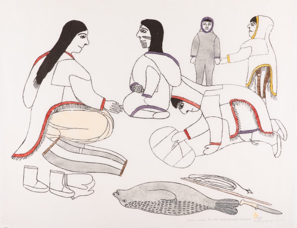 Lot 25 JANET KIGUSIUQ (1926-2005) QAMANI'TUAQ (BAKER LAKE) Woman in Labour, 1983 (Baker Lake Series / Baker Lake Uncatalogued Prints 1979 to 1985, Canadian Arctic Producers, Winnipeg, 1995 #16) silkscreen on paper, 17.75 x 14.75 in (45.1 x 37.5 cm), framed, sight 63/110 ESTIMATE: $350 — $500 PRICE REALIZED: $341.60