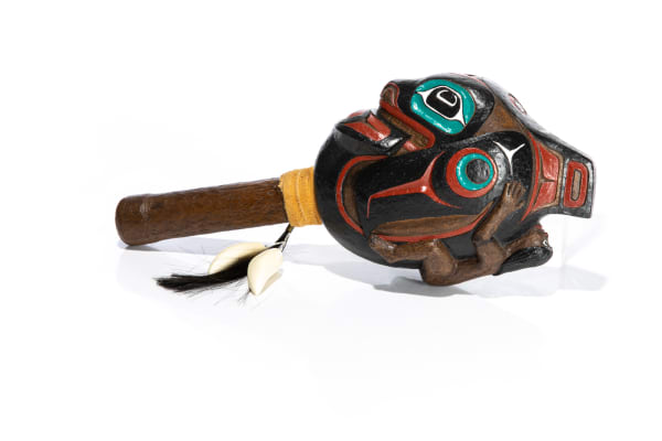 Lot 45 UNIDENTIFIED MAKER Rattle, c. 1970s polychromed wood, leather, hair, ivory, string, and metal, 11 x 4.75 x 3 in (27.9 x 12.1 x 7.6 cm) PRICE REALIZED: $393.60