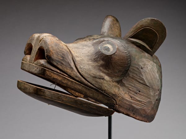 Lot 24 UNIDENTIFIED KWAKWA̱KA̱ʼWAKW ARTIST Bear Forehead Mask with Articulated Jaw, c. 1880 red cedar, hide, iron, and pigment, dimensions variable, 13.5 x 17.5 x 11.75 in (34.3 x 44.5 x 29.8 cm) ESTIMATE: $18,000 — $28,000 PRICE REALIZED: $18,000.00