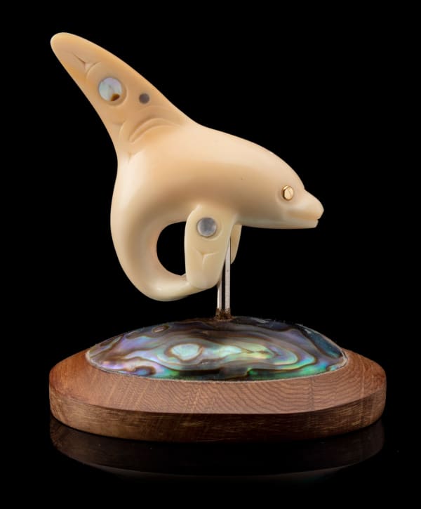 Lot 113 FRED DAVIS (1955-2014) HAIDA Spirit of the Orca, c. late 1990s mastodon ivory, abalone, wood, and testing 18 kt gold, 2.5 x 2.25 x 1.5 in (6.3 x 5.7 x 3.8 cm) ESTIMATE: $4,000 — $6,000 PRICE REALIZED: $4,392.00