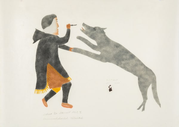 Lot 77 VICTORIA MAMNGUQSUALUK (1930-2016) QAMANI'TUAQ (BAKER LAKE) Attack, 1969 (1970 # 5) stencil, 17 x 23 in (43.2 x 58.4 cm) ESTIMATE: $800 — $1,200