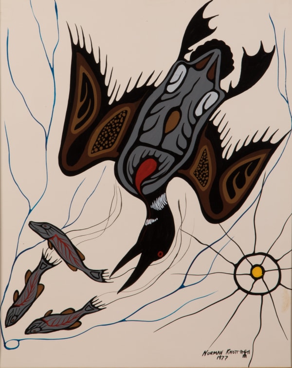 LOT 6 NORMAN KNOTT (1945-2003) ANISHINAABE (OJIBWE) Loon Fishing, 1977 acrylic on vinyl, 20 x 16 in (50.8 x 40.6 cm), matted and unframed. ESTIMATE: $400 — $600