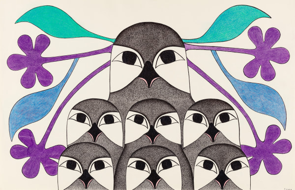 LOT 54 KENOJUAK ASHEVAK, C.C., R.C.A. (1927-2013) KINNGAIT (CAPE DORSET) Pryamid of Owls, c. 2003-04 coloured pencil and graphite on paper, 26 x 40 in (66 x 101.6 cm) ESTIMATE: $8,000 — $12,000 PRICE REALIZED: $20,400.00