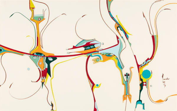 Lot 66 ALEX JANVIER, C.M., A.O.E., R.C.A., (1935-), DENE SULINE AND SAULTEAUX, COLD LAKE, AB The Caller, 1972 gouache on paper, 14.5 x 22 in (36.8 x 55.9 cm) ESTIMATE: $4,000 — $6,000 price realized: $6,710.00