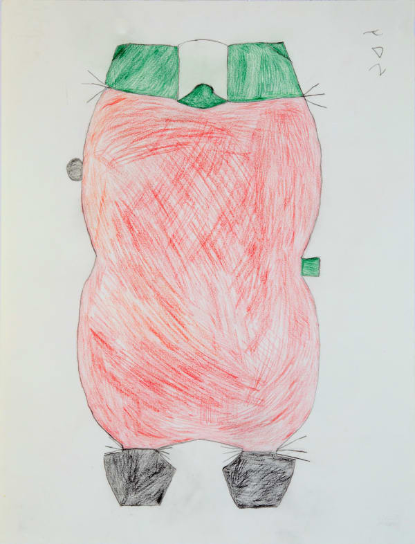 SHEOJUK ETIDLOOIE (1932-1999) KINNGAIT (CAPE DORSET) Untitled (Avataq in Red, Green, and Black), 1997-9 coloured pencil over graphite on paper, 20 x 26 in (50.8 x 66 cm) signed, "ᓯᐅᔪ".
