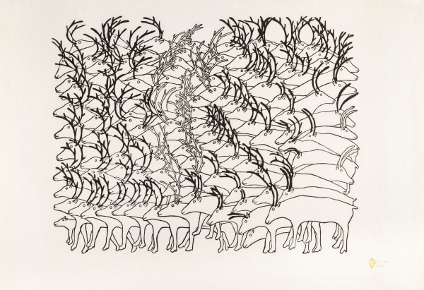 Lot 40 RUTH QAULLUARYUK (1932-) QAMANI'TUAQ (BAKER LAKE) Hundreds and Hundreds, Herds of Caribou, 1975 #1 stonecut, 25 x 37 in (63.5 x 94 cm) ESTIMATE: $7,000 — $10,000 Price realized: $10,980.00