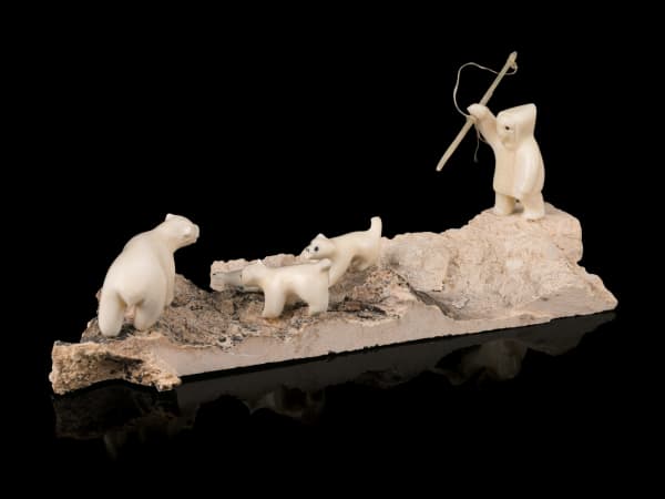 Lot 42 EMILY PANGNERK ILLUITOK (1943-2012) ARVILIQJUAQ (PELLY BAY) First to the Feast: Hunter, Dogs, Polar Bear, and Seal, 1980s fine grained stone, walrus ivory, muskox horn, sinew, and black inlay, 2.25 x 6.75 x 2.5 in (5.7 x 17.1 x 6.3 cm) ESTIMATE: $350 — $500 PRICE REALIZED: $1,159.00
