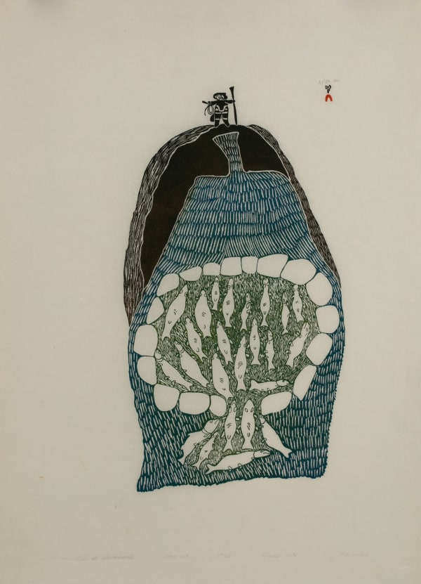 Lot 27 PITSEOLAK ASHOONA, R.C.A., O.C., (1904-1983) KINNGAIT (CAPE DORSET) Weir at Shartoweetok, 1975 #24 stonecut, 34 x 25 in (86.4 x 63.5 cm) ESTIMATE: $400 — $600 PRICE REALIZED: $336.00