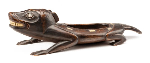 AUGUSTUS BEAN (1850-1926) TLINGIT, SITKA, ALASKA Beaver Form Model Grease Bowl, c. 1890-1900 cedar wood, bone, abalone, and glass beads, 4 x 15 x 4.75 in (10.2 x 38.1 x 12.1 cm)