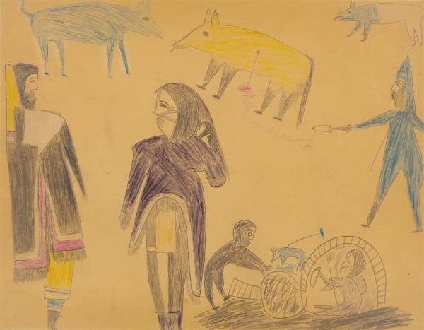 Lot 52 JESSIE OONARK, O.C., R.C.A (1906-1985) QAMANI'TUAQ (BAKER LAKE) Untitled (People and Animals), c. 1958-9 graphite and coloured pencil drawing, 18 x 23 in (45.6 x 58.5 cm) ESTIMATE: $12,000 — $18,000 Price Realized: $28,800