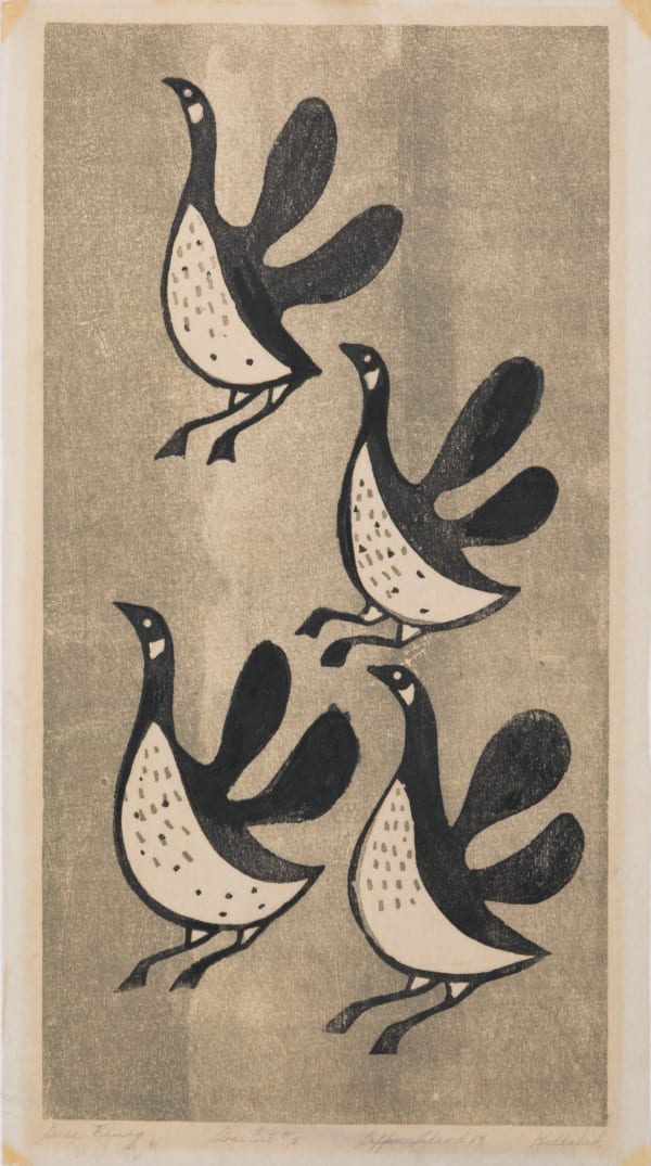 Lot 15 MUNGITOK KELLYPALIK (1940-2014) KINNGAIT (CAPE DORSET) Geese Rising, 1957 (1957/8 Experimental) linocut, 14 x 8 in (35.6 x 20.3 cm) ESTIMATE: $2,000 — $3,000 PRICE REALIZED: $3,416.00