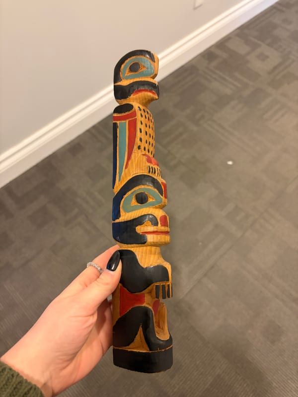 Lot 35 UNIDENTIFIED TLINGIT ARTIST Model Totem Pole, c. 1920s???? cedar wood and paint, 12.25 x 1.75 x 2.25 in (31.1 x 4.4 x 5.7 cm) ESTIMATE: $300 — $500