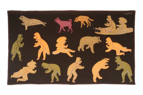 Lot 118 VICTORIA MAMNGUQSUALUK (1930-2016) QAMANI'TUAQ (BAKER LAKE) Untitled Work on Cloth, late 1970s duffle, stroud, embroidery floss, and cotton thread, 57.5 x 33 in (146.1 x 83.8 cm) ESTIMATE: $3,000 — $5,000 PRICE REALIZED: $2,400.00