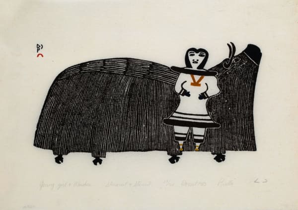 Lot 18 PUDLO PUDLAT (1916-1992) KINNGAIT (CAPE DORSET) Young Girl and Muskox, 1983 #38 stonecut and stencil, 14 x 20 in (35.6 x 50.8 cm) ESTIMATE: $250 — $350 PRICE REALIZED: $216.00