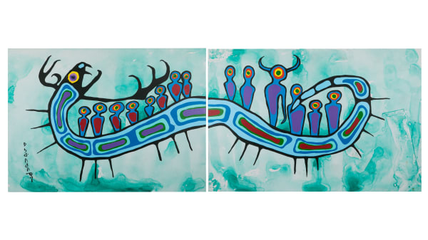 Lot 118 NORVAL MORRISSEAU, C.M. (1931-2007) ANISHINAABE (OJIBWE) Untitled Diptych (Medicine Serpent and Fourteen Figures, One with Horns), c. early-mid 1980s acrylic and wash on canvas, overall: 35.25 x 100 in (96.5 x 254 cm) ESTIMATE: $30,000 — $50,000