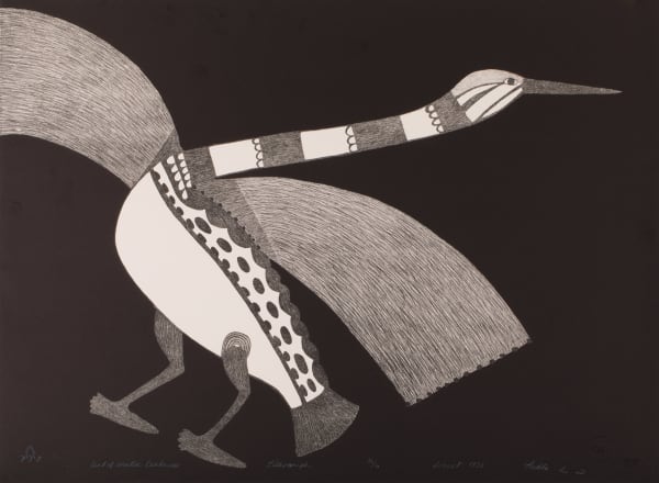 Lot 36 PUDLO PUDLAT (1916-1992) KINNGAIT (CAPE DORSET) Bird of Winter Darkness, 1983 #L21 lithograph, 22.25 x 30.25 in (56.5 x 76.8 cm) ESTIMATE: $600 — $900 PRICE REALIZED: $488.00