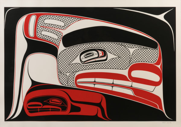 Lot 125 ROBERT DAVIDSON (GUUD SANS GLANS), C.M., O.B.C., (1946-) HAIDA, MASSET / WHITE ROCK Wolf Inside its own Foot, 1983 serigraph, 29.5 x 41.5 in (74.9 x 105.4 cm) ESTIMATE: $2,000 — $4,000 PRICE REALIZED: $1,680.00