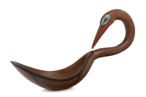 Lot 65 TOM LAFORTUNE (1959-) COAST SALISH Loon Form Ladle, c. mid-late 1980s wood and pigment, 11 x 12 x 4.25 in (27.9 x 30.5 x 10.8 cm) ESTIMATE: $300 — $500 PRICE REALIZED: $1,342.00