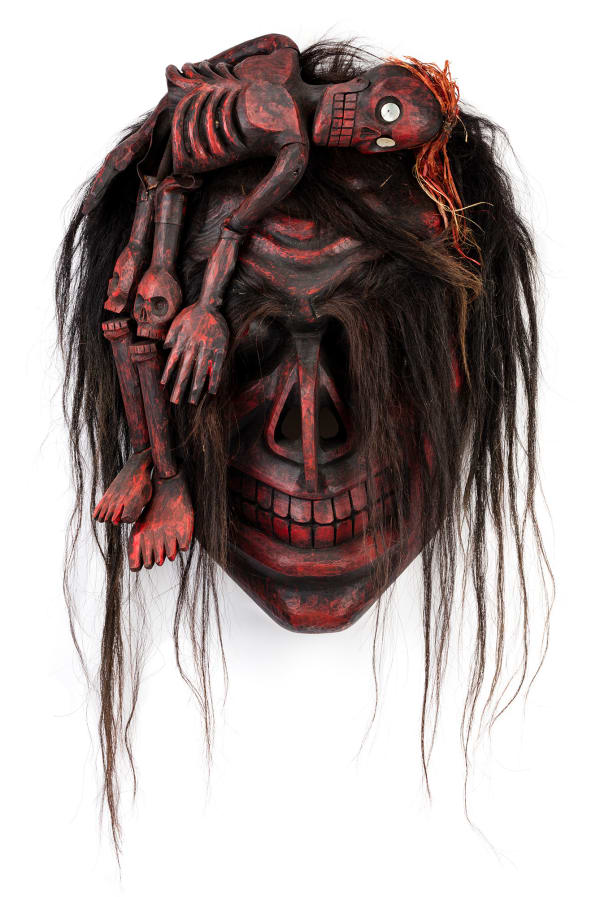 Lot 30 BEAU DICK (1955-2017) KWAKWA̱KA̱ʼWAKW Ba̱k’wa̱s (Bookwus) Mask with Articulated Skeletal Figure, 2008 cedar wood, horsehair, cedar bark, hide, metal, and plastic buttons, 33 x 21.5 x 12 in (83.8 x 54.6 x 30.5 cm) ESTIMATE: $20,000 — $30,000 price realized: $73,200.00 a world record price for the artist at auction