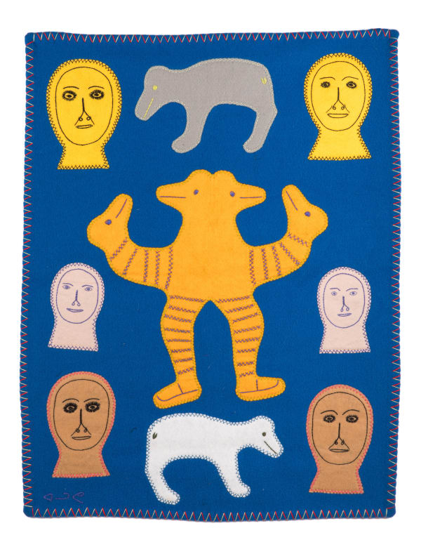 Lot 26 MARJORIE AGLUVAK AQIGAAQ (1941-2010), QAMANI’TUAQ (BAKER LAKE) Transforming Figure with People and Bears, c. late 1990s stroud, cotton thread, and felt, 36 x 28 in (91.4 x 71.1 cm) ESTIMATE: $500 — $800 PRICE REALIZED: $732.00