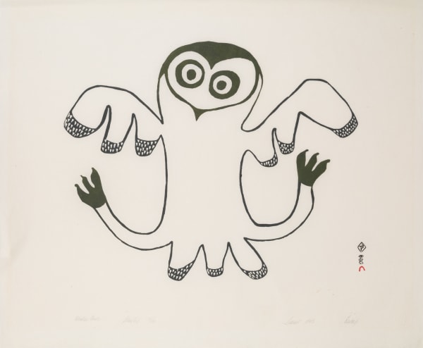 Lot 4 LUCY QINNUAYUAK (1915-1982) KINNGAIT (CAPE DORSET) Winter Owl, 1965 (1966 #2) stonecut, 24 x 29 in (61 x 73.7 cm) ESTIMATE: $500 — $800 PRICE REALIZED: $439.20