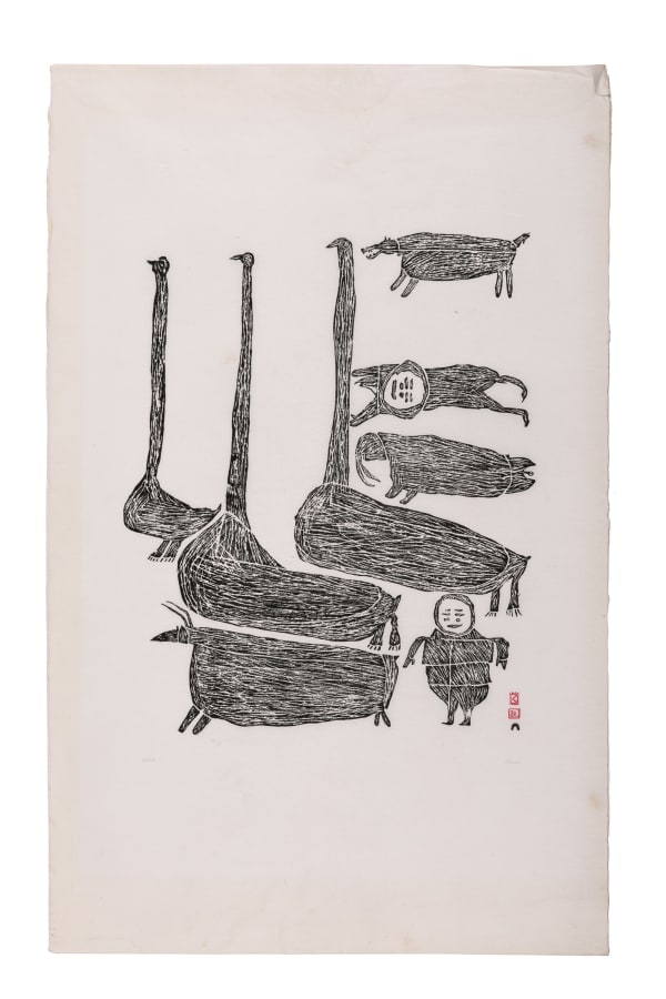 LOT 24 PARR (1893-1969) KINNGAIT (CAPE DORSET) Geese and Intruders, 1962 (1967 #2) stonecut, 39 x 24.75 in (99.1 x 62.9 cm) ESTIMATE: $2,000 — $3,000 PRICE REALIZED: $2,400.00