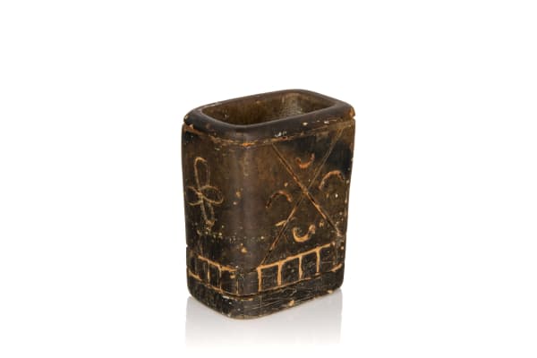 Lot 48 UNIDENTIFIED ARTIST, INUKJUAK (PORT HARRISON) Match Holder with Incised Flora and Geometric Motifs , 1950s stone and soap, 2 x 1.75 x 1.25 in (5.1 x 4.4 x 3.2 cm) ESTIMATE: $400 — $600 PRICE REALIZED: $390.40