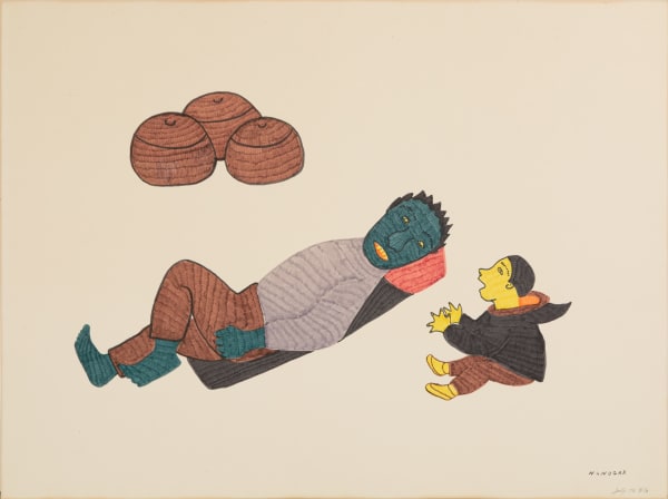 Lot 56 ANGES NANOGAK GOOSE (1925-2001), ULUKHAKTOK (HOLMAN ISLAND) Untitled (Possibly Atangana and the Giant), 1970 felt tip on paper, 18 x 24 in (45.7 x 61 cm) ESTIMATE: $150 — $250 PRICE REALIZED: $96.00