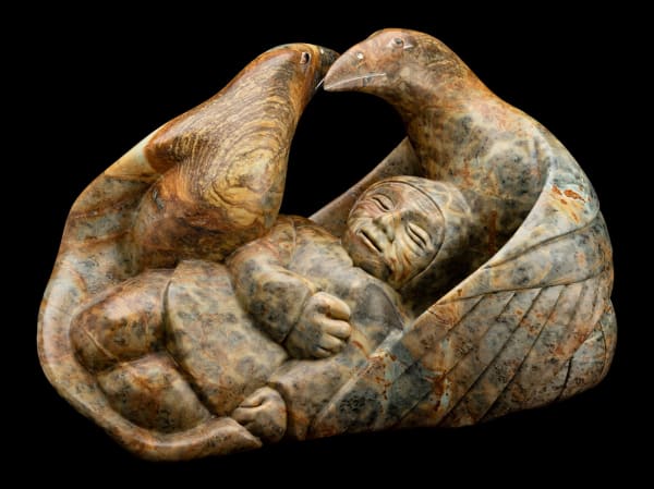 Lot 52 ABRAHAM ANGHIK RUBEN, O.C. (1951-) PAULATUK / SALT SPRING ISLAND, B.C Figure Slumbering with Two Birds, 1990s stone and pigment, 19 x 29 x 12 in (48.3 x 73.7 x 30.5 cm) ESTIMATE: $7,000 — $10,000 Price realized: $6,100.00