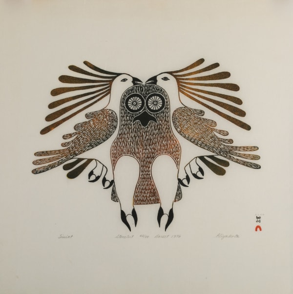 Lot 42 ELIYAKOTA SAMUALIE (1939-1987) KINNGAIT (CAPE DORSET) Timiat (Birds), 1976 #21 stonecut, 25.75 x 24.75 (65.4 x 62.9 cm) ESTIMATE: $300 — $500 PRICE REALIZED: $1,200.00