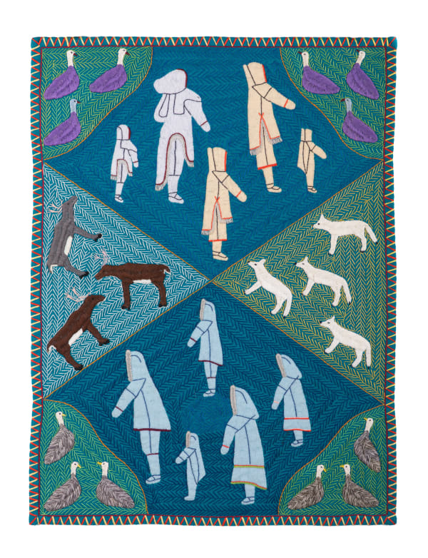 Lot 10 WINNIE TATYA (1931-) QAMANI'TUAQ (BAKER LAKE) People, Caribou, Wolves, and Birds, c. 1999 stroud, felt, and cotton thread, 28 x 21 in (71.1 x 53.3 cm) ESTIMATE: $1,200 — $1,800 PRICE REALIZED: $1,952.00