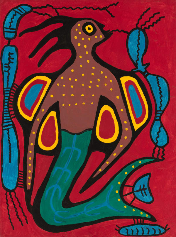 Lot 46 NORVAL MORRISSEAU, C.M. (1931-2007) ANISHINAABE (OJIBWE) Merman, c. 1960-1963 acrylic and body colour on Royal Watercolour Society blindstamped heavy wove paper, 29.75 x 22.5 in (75.6 x 57.1 cm) ESTIMATE: $8,000 — $12,000 PRICE REALIZED: $39,040.00