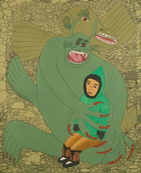 Lot 23 SHUVINAI ASHOONA (1961-) KINNGAIT (CAPE DORSET) Scary Dream, 2006 #2 lithograph, 27 x 22.25 in (68.6 x 56.5 cm) ESTIMATE: $500 — $800