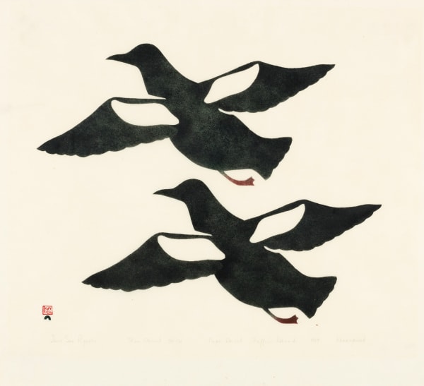 Lot 47 KANANGINAK POOTOOGOOK, R.C.A. (1935-2010) KINNGAIT (CAPE DORSET) Two Sea Pigeons, 1959 #10 skin stencil, 18 x 19.75 in (45.7 x 50.2 cm), framed ESTIMATE: $2,500 — $3,500 pRICE REALIZED: $3,840.00