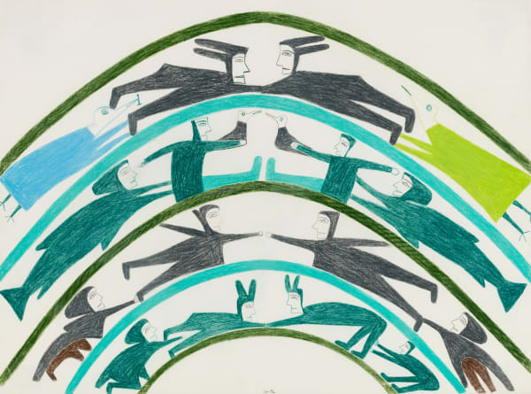 Lot 40 JESSIE OONARK, O.C., R.C.A (1906-1985) QAMANI'TUAQ (BAKER LAKE) Untitled Drawing (Spirit Figures Joining Hands), c. 1975-76 coloured pencil on paper, 22 x 29.5 in (55.9 x 74.9 cm) ESTIMATE: $10,000 — $15,000 PRICE REALIZED: $36,000.00 Matching the world record for a drawing by the artist at auction