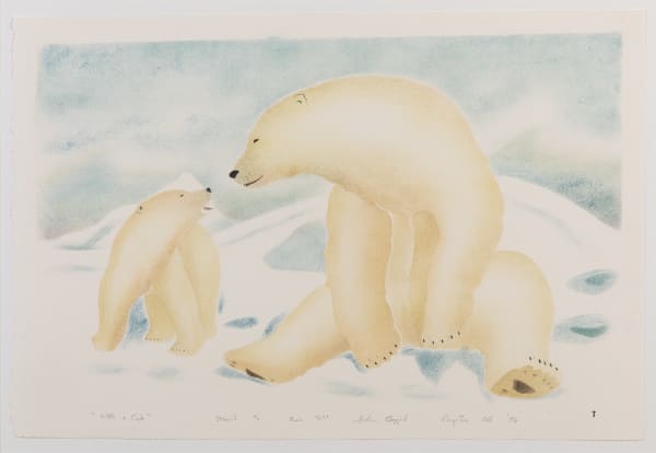 Lot 43 ANDREW QAPPIK, C.M. (1964-) PANNIRTUQ (PANGNIRTUNG) With a Cub, 2006 stencil, 13.75 x 20.5 in (34.9 x 52.1 cm), framed ESTIMATE: $250 — $350 PRICE REALIZED: $134.20