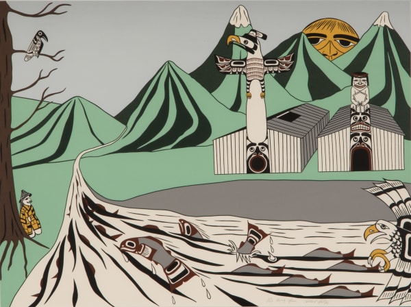 LOT 12 RICHARD HUNT, O.C., O.B.C.,(1951-) KWAKWA̱KA̱ʼWAKW Going Home, 1986 silkscreen, 17.75 x 23.5 in (45.1 x 59.7 cm), sight, framed.. ESTIMATE: $400 — $600