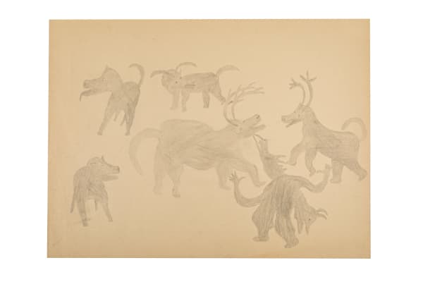 QAUNAQ (HAUNAK) MIKKIGAK (1932-2020) KINNGAIT (CAPE DORSET) Transforming Wolves and Caribou, c. 1960 graphite on paper, 18 x 24 in (45.7 x 61 cm)