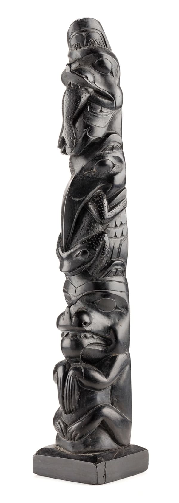 Lot 38 UNIDENTIFIED HAIDA ARTIST Model Totem Pole, c. 1900-1910 argillite, 11 x 2.25 x 2.25 in (27.9 x 5.7 x 5.7 cm) ESTIMATE: $2,500 — $3,500 Price realized: $1,952.00