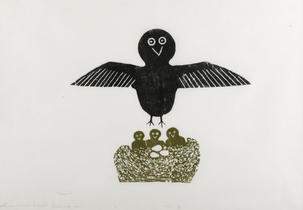 LOT 55 EFFIE ANGALI'TAAQ ARNALUAQ (1936-) QAMANI'TUAQ (BAKER LAKE) Mother Owl, 1968 (Baker Lake Experimental Collection) #87* linocut (?), 15.75 x 22.5 in (40 x 57.1 cm), framed ESTIMATE: $600 — $900 PRICE REALIZED: $1,020.00