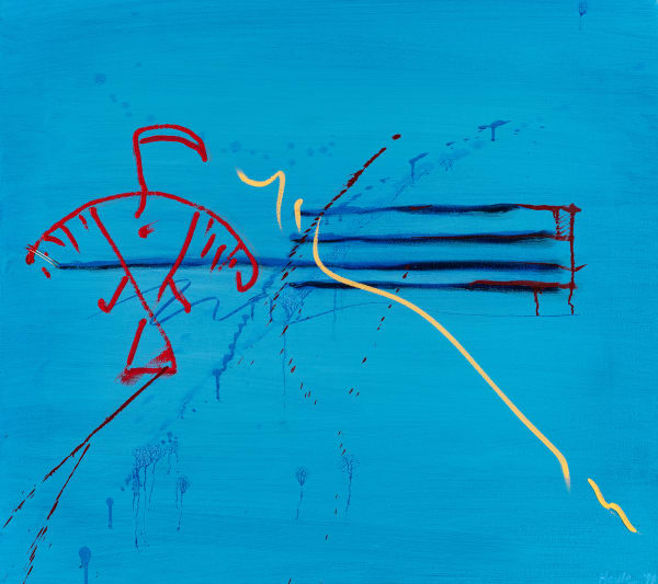 Lot 113 ROBERT HOULE, R.C.A. (1947-) NAHKAWININIWAK (SAULTEAUX / PLAINS OJIBWAY) Untitled (Abstract with Thunderbird on Blue), 1998 oil and porcupine quills on canvas, 33 x 37 in (83.8 x 94 cm) ESTIMATE: $7,000 — $10,000 PRICE REALIZED: $18,000.00