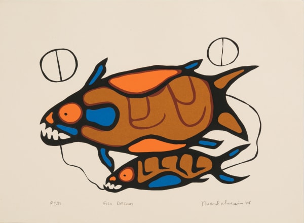 Lot 69 NORVAL MORRISSEAU, C.M. (1931-2007) ANISHINAABE (OJIBWE) Fish Dream, 1978 silkscreen on paper, 11 x 15 in (27.9 x 38.1 cm) ESTIMATE: $400 — $600 PRICE REALIZED: $408.00