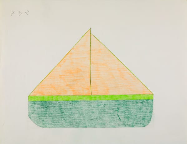 SHEOJUK ETIDLOOIE (1932-1999) KINNGAIT (CAPE DORSET) Ummiagoa (Toy Boat), 1994-5 coloured pencil over graphite on paper, 20 x 26 in (50.8 x 66 cm) signed, "ᓯᐅᔪ".