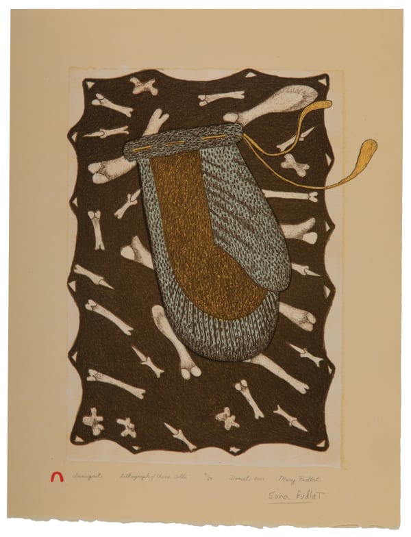 Lot 44 MARY PUDLAT (1923-2001) KINNGAIT (CAPE DORSET) Innugait (Bone Game), 2001, 2001 (Special Commission) lithograph and chine collé, 17.25 x 13.25 in (43.8 x 33.7 cm) ESTIMATE: $400 — $600 PRICE REALIZED: $432.00