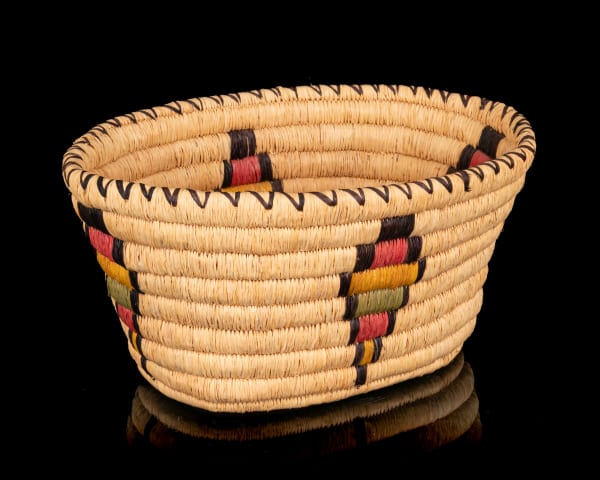 6 UNIDENTIFIED PUGET SOUND COAST SALISH ARTIST Open Basket with Diamond and Rim Design, c. 1950s natural grass and dyes, 4.5 x 9 x 6.5 in (11.4 x 22.9 x 16.5 cm)
