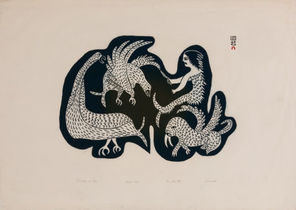 LOT 143 SOROSILUTO ASHOONA (1941-) KINNGAIT (CAPE DORSET) Taleelayo at Play, 1969 (1970 #57) stonecut, 24.75 x 35 in (62.9 x 88.9 cm) ESTIMATE: $300 — $500 PRICE REALIZED: $144.00